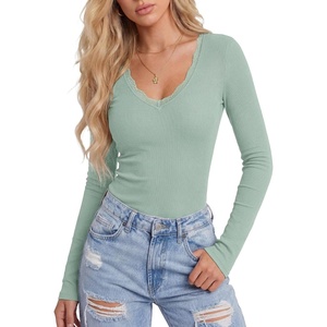 image:imageLYANER Womens Lace V Neck Long Sleeve Fitted Shirts Basic Ribbed Knit Tops Going Out Trendy TopPea Green