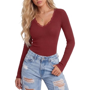 image:imageLYANER Womens Lace V Neck Long Sleeve Fitted Shirts Basic Ribbed Knit Tops Going Out Trendy TopWine Red