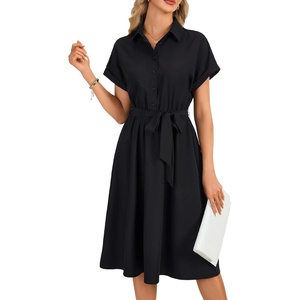 image:imageLYANER Womens Midi Dresses V Neck Button Down Tie Waist Short Sleeve Ruffle Hem DressBlack