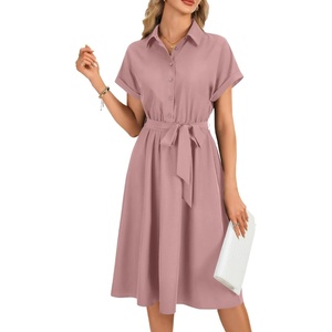 image:imageLYANER Womens Midi Dresses V Neck Button Down Tie Waist Short Sleeve Ruffle Hem DressPink