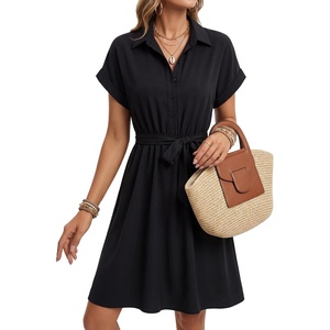 image:imageLYANER Womens Midi Dresses V Neck Button Down Tie Waist Short Sleeve Ruffle Hem DressSolid Black