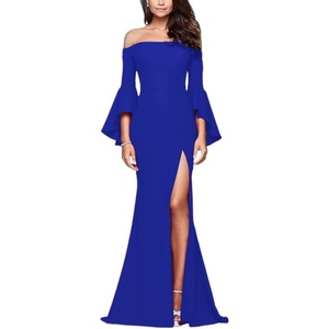 image:imageLYANER Womens Off Shoulder Side Split Bell Long Sleeve Cocktail Bodycon Maxi DressRoyal Blue