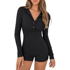 image:imageLYANER Womens Ribbed Hoodie Button Long Sleeve Bodycon Workout Shorts Romper JumpsuitBlack