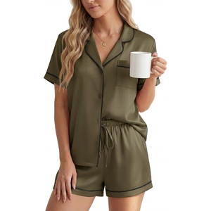 image:imageLYANER Womens Satin Pajamas for Women Silk 2 Piece Pj Sets Short Sleeve Button Down LoungewearArmy Green