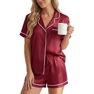 image:imageLYANER Womens Satin Pajamas for Women Silk 2 Piece Pj Sets Short Sleeve Button Down LoungewearBurgundy