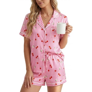 image:imageLYANER Womens Satin Pajamas for Women Silk 2 Piece Pj Sets Short Sleeve Button Down LoungewearDark Pink Print