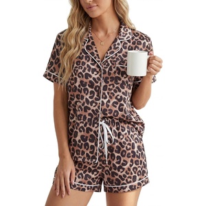 image:imageLYANER Womens Satin Pajamas for Women Silk 2 Piece Pj Sets Short Sleeve Button Down LoungewearLeopard Print