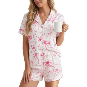 image:imageLYANER Womens Satin Pajamas for Women Silk 2 Piece Pj Sets Short Sleeve Button Down LoungewearPink Print