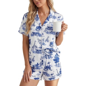 image:imageLYANER Womens Satin Pajamas for Women Silk 2 Piece Pj Sets Short Sleeve Button Down LoungewearWhite Dark Blue Print