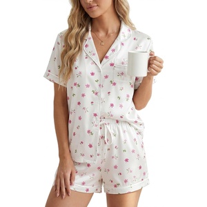 image:imageLYANER Womens Satin Pajamas for Women Silk 2 Piece Pj Sets Short Sleeve Button Down LoungewearWhite Floral Print