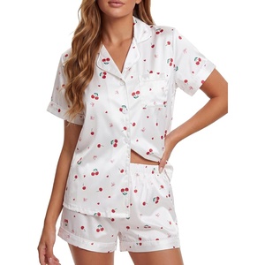 image:imageLYANER Womens Satin Silky Pajamas Set Short Sleeve Button Shirt with Shorts Pjs Sleepwear LoungewearCherry White