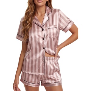 image:imageLYANER Womens Satin Silky Pajamas Set Short Sleeve Button Shirt with Shorts Pjs Sleepwear LoungewearDusty Pink