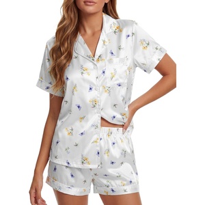 image:imageLYANER Womens Satin Silky Pajamas Set Short Sleeve Button Shirt with Shorts Pjs Sleepwear LoungewearFloral White