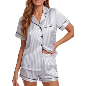 image:imageLYANER Womens Satin Silky Pajamas Set Short Sleeve Button Shirt with Shorts Pjs Sleepwear LoungewearGrey