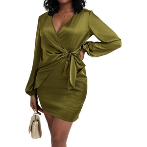 image:imageLYANER Womens Satin Silky Wrap V Neck Tie Waist Long Sleeve Mini Short DressOlive Green