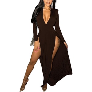image:imageLYANER Womens Sexy Deep V Neck High Split Side Long Sleeve Long Cocktail DressCoffee