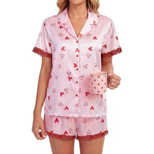image:imageLYANER Womens Silky Satin Striped 2 Piece Pajama Sets Button Shirt and Wide Leg Shorts SleepwearRed