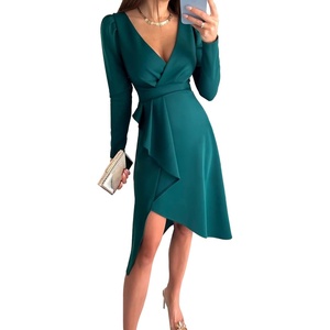 image:imageLYANER Womens V Neck Wrap Long Sleeve Zip Back Ruffle Hem Cocktail Bodycon Short DressTeal Blue