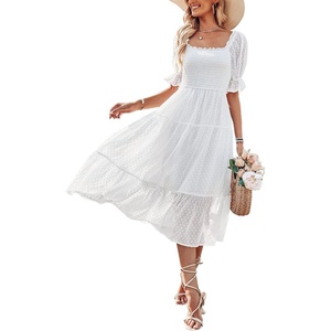 image:imageYANER Womens Swiss Dots Square Neck Puff Sleeve Self Tie Shirred Sheer Mesh Ruffle Hem A Line Mini DressWhite