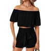 image:imageLYANER Womens 2 Piece Outfits Off Shoulder Ruched Crop Top Tie Front Shirred Shorts SetsBlack