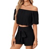 image:imageLYANER Womens 2 Piece Outfits Off Shoulder Ruched Crop Top Tie Front Shirred Shorts SetsBlack