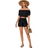 image:imageLYANER Womens 2 Piece Outfits Off Shoulder Ruched Crop Top Tie Front Shirred Shorts SetsBlack
