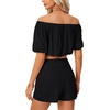 image:imageLYANER Womens 2 Piece Outfits Off Shoulder Ruched Crop Top Tie Front Shirred Shorts SetsBlack