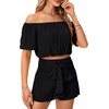 image:imageLYANER Womens 2 Piece Outfits Off Shoulder Ruched Crop Top Tie Front Shirred Shorts SetsBlack