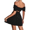image:imageLYANER Womens 2 Piece Outfits Off Shoulder Tie Up Back Crop Top and Mini Skirt Set Solid Black XSmall