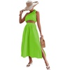 image:imageLYANER Womens 2 Piece Outfits Sleeveless Tank Crop Top and Wrap Split Slit Ruched Bodycon Midi SkirtBright Green