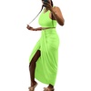 image:imageLYANER Womens 2 Piece Outfits Sleeveless Tank Crop Top and Wrap Split Slit Ruched Bodycon Midi SkirtBright Green