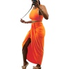 image:imageLYANER Womens 2 Piece Outfits Sleeveless Tank Crop Top and Wrap Split Slit Ruched Bodycon Midi SkirtBright Orange