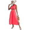 image:imageLYANER Womens 2 Piece Outfits Sleeveless Tank Crop Top and Wrap Split Slit Ruched Bodycon Midi SkirtCoral Red