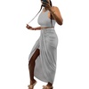 image:imageLYANER Womens 2 Piece Outfits Sleeveless Tank Crop Top and Wrap Split Slit Ruched Bodycon Midi SkirtGray