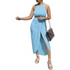 image:imageLYANER Womens 2 Piece Outfits Sleeveless Tank Crop Top and Wrap Split Slit Ruched Bodycon Midi SkirtLight Blue
