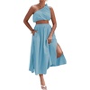 image:imageLYANER Womens 2 Piece Outfits Sleeveless Tank Crop Top and Wrap Split Slit Ruched Bodycon Midi SkirtLight Blue