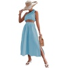 image:imageLYANER Womens 2 Piece Outfits Sleeveless Tank Crop Top and Wrap Split Slit Ruched Bodycon Midi SkirtLight Blue