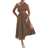 image:imageLYANER Womens 2 Piece Outfits Sleeveless Tank Crop Top and Wrap Split Slit Ruched Bodycon Midi SkirtLight Brown