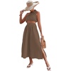 image:imageLYANER Womens 2 Piece Outfits Sleeveless Tank Crop Top and Wrap Split Slit Ruched Bodycon Midi SkirtLight Brown