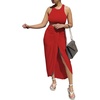 image:imageLYANER Womens 2 Piece Outfits Sleeveless Tank Crop Top and Wrap Split Slit Ruched Bodycon Midi SkirtRed