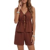 image:imageLYANER Womens 2 Piece Outfits Tie Front Sleeveless Top and Mid Rise Shorts Set SuitBrown