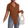 image:imageLYANER Womens Button Down Collar V Neck Open Front Short Sleeve Slit Hem Long Shirt Blouse TopsBrown