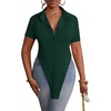 image:imageLYANER Womens Button Down Collar V Neck Open Front Short Sleeve Slit Hem Long Shirt Blouse TopsDark Lake Blue