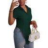 image:imageLYANER Womens Button Down Collar V Neck Open Front Short Sleeve Slit Hem Long Shirt Blouse TopsDark Lake Blue