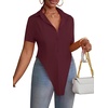 image:imageLYANER Womens Button Down Collar V Neck Open Front Short Sleeve Slit Hem Long Shirt Blouse TopsDark Red