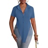image:imageLYANER Womens Button Down Collar V Neck Open Front Short Sleeve Slit Hem Long Shirt Blouse TopsDenim Blue