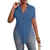 image:imageLYANER Womens Button Down Collar V Neck Open Front Short Sleeve Slit Hem Long Shirt Blouse TopsDenim Blue