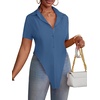 image:imageLYANER Womens Button Down Collar V Neck Open Front Short Sleeve Slit Hem Long Shirt Blouse TopsDenim Blue