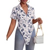 image:imageLYANER Womens Button Down Collar V Neck Open Front Short Sleeve Slit Hem Long Shirt Blouse TopsFloral White