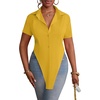 image:imageLYANER Womens Button Down Collar V Neck Open Front Short Sleeve Slit Hem Long Shirt Blouse TopsGinger